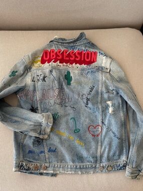 Zoe karrsen patchworkLight Blue Graphic Denim Jacket with Red 'OBSESSION' Detail